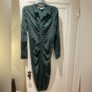 Veronica Beard Green Printed Ruched Long Sleeve Midi Dress